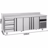 Hűtött munkaasztal PREMIUM - 2330x700 mm - GN 1/1 - 632 liter - ventilációs - 3 ajtóval - 2 fiókkal - felhajtással