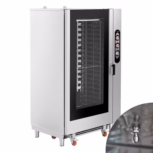 Elettrico - Forno combinato a vapore - Elettromeccanico - 40x GN 1/1 oppure 20x GN 2/1 - incl. Sonda al cuore & Sistema di lavaggio- incl. Carrello portavassoi