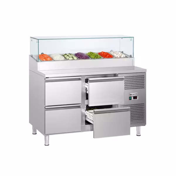 Comptoir de préparation réfrigéré ECO - 1360x700mm - avec 4 Tiroirs GN 1/1 - Vitrine réfrigérée 7x GN 1/3