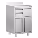Armoire de travail pour machine à café filtre - 600x600mm - avec dosseret - 2 tiroirs, 1 porte battante, 1 tiroir à marc de café