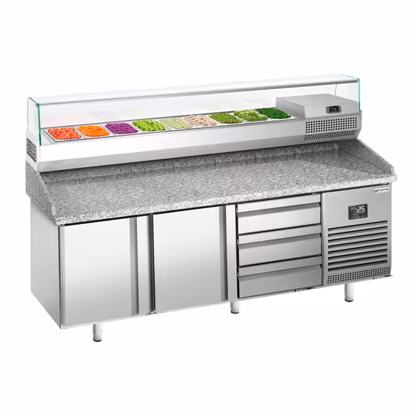 Pizzawerkbank PREMIUM PLUS - 1980x700mm - met granieten werkblad - met 2 deuren & 3 laden - incl. glasvitrine - 9x GN 1/4