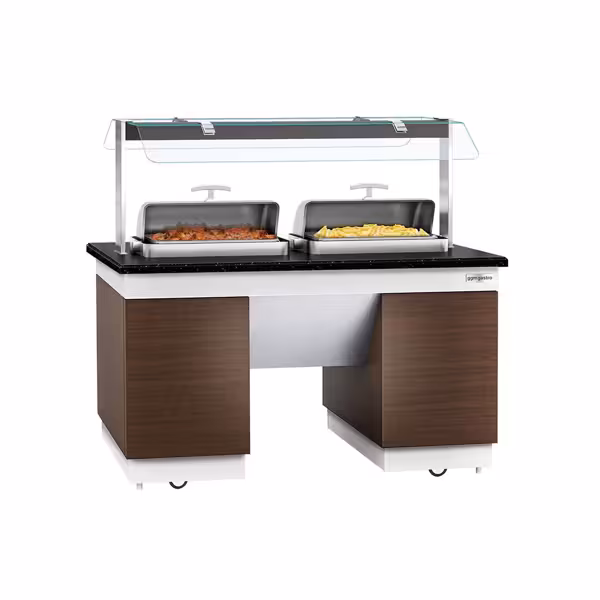 Banco buffet caldo a bagnomaria DUBLIN - 1600mm - con 2 chafing dish - su ruote - marrone - self service 