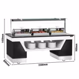 Heated Servery Counter BELFAST - 2300mm - with Hot Plate + Flat Glass Sneeze Guard - on Castors - for 3 Chafing Dishes - Black