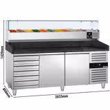 Pizzakühltisch PREMIUM - 2000x800mm - mit 2 Türen & 7 Schubladen - inkl. Kühlaufsatzvitrine - 10x GN 1/4