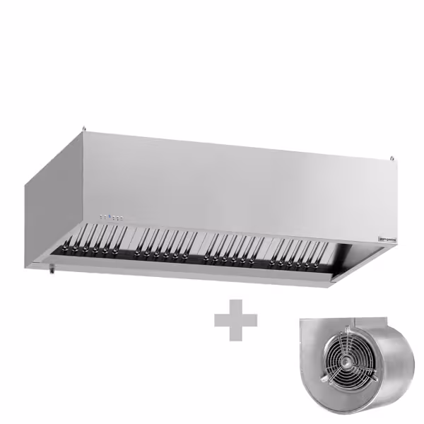 Ventilationskåpa i rostfritt stål med motor - 1 800 mm - med varvtalsregulator, labyrintfilter och LED-belysning
