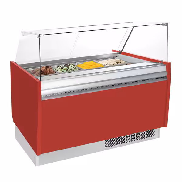 Ijsvitrine LIAM - 1562mm - statische koeling - met LED‑verlichting & rechte ruit - voor 13+13x 5 liter ijsbak - rood