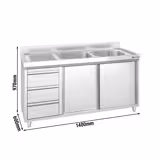 Стіл‑тумба з мийкою PREMIUM - з нержавіючої сталі AISI 304 - 1400x600 мм - 3 висувні шухляди - 2‑секційна справа