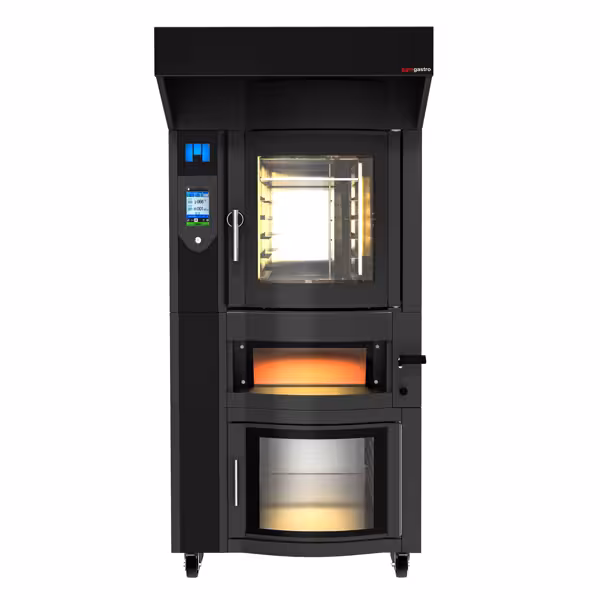 Roterende Elektrisch Bakkerij heteluchtoven met vochtinjectie - Touchscreen - 6x EN 600x400 - Zwart - incl. pizzaoven, afzuigkap & rijskast