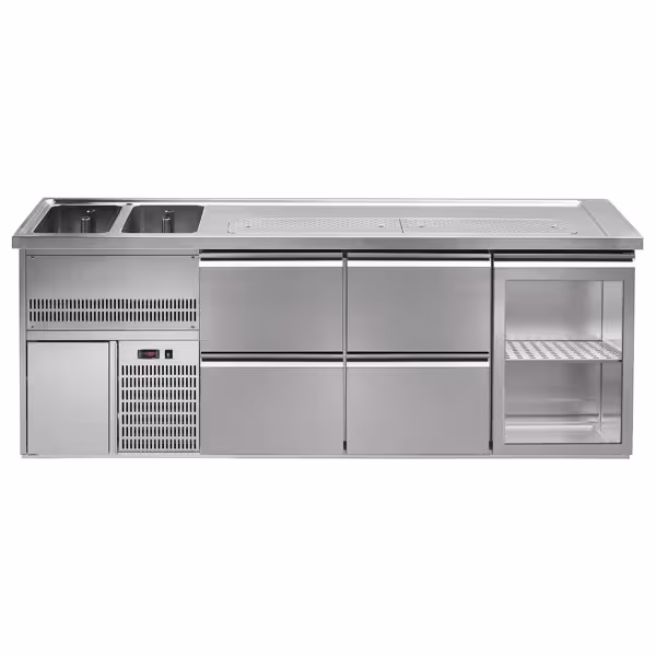 Direct Draw Beer Dispenser / Kegerator 1 Glass Door + 4 Drawers PREMIUM – 2 sinks left - 2500×700 mm - 3 drip trays