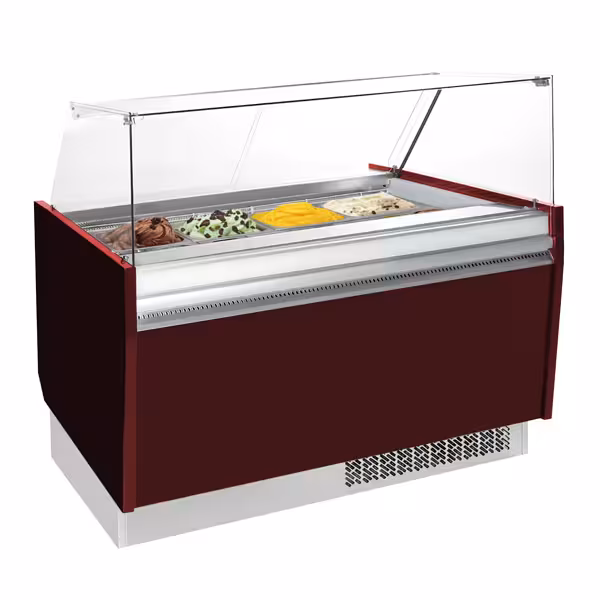 Vitrina para helados [LIAM] - 1560mm - Refrigeración estática - con iluminación LED - para 13+13x 5 litros de cubetas Napoli - Granate