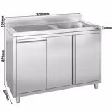Plonge inox - 1200x600mm - 1 bac à droite - avec égouttoir à gauche - avec dosseret - sur meuble - avec vide‑déchets et poubelle