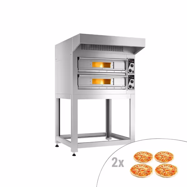 Elektrische pizzaoven (chamotte bakvloer) - 990x1210x1854mm - 2 kamers - 2x4 pizza’s Ø33cm - tot 400°C - Handmatig - incl. afzuigkap & onderstel
