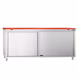 Paslanmaz Çelik Dolaplı Çalışma Tezgahı PREMIUM - Rost Et için - 2000x800mm - ile Sürgülü Kapılı & Ara Raflı - dâhil Polietilen Kesme Tablası Kırmızı
