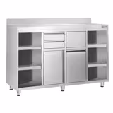 Tavolo armadiato in acciaio inox - 1600x600mm - con 2 porte a battente + 2 cassetti - con alzatina