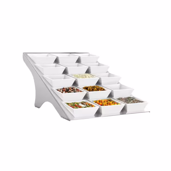 Etagere / Buffet Stand - Stainless steel frame - Chrome - square - Height: 195mm - incl. 15 Melamine bowls 90x90mm - with 15 shelves - suitable for square bowls