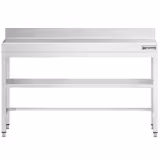 Rozsdamentes acél munkaasztal PREMIUM - 1500x700 mm - alsó polccal & hátsó peremmel & lábösszekötővel