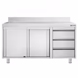 Mesa armario inox PREMIUM - 1400x700mm - con estante intermedio | con 3 cajones derecha & con peto