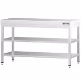 Mesa de trabalho em aço inoxidável PREMIUM - 1400x600mm - com prateleira inferior & com prateleira intermédia & com travessas de reforço