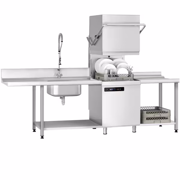 Lave-vaisselle à capot – Numérique – 7,1 kW – avec table d’entrée à gauche et table de sortie à droite incluses – avec pompe de détergent et de rinçage