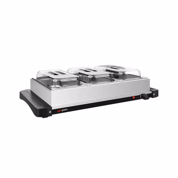 Płyta grzewcza bufetowa - ze stali nierdzewnej - 657mm - 3x GN 1/3 - 400W - zawiera (3 szt.) GN 1/3 pojemniki i pokrywy