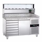Commercial Pizza Prep Counter - Granite Top PREMIUM - 1500x800mm - with 1 doors & 7 drawers - incl. refrigerated topping unit with glass sneeze guard LED - 7x GN 1/4