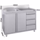 Commercial Sink Cabinet - Stainless Steel - 1200x600 - 3 Drawers - 1 Bowl Left