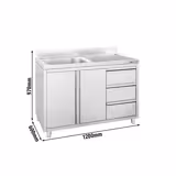 Fregadero industrial con mueble de acero inoxidable - 1200x600mm - con 1 seno izquierdo - puertas batientes - con escurridor derecha - con estante inferior - con peto trasero - 3 cajones