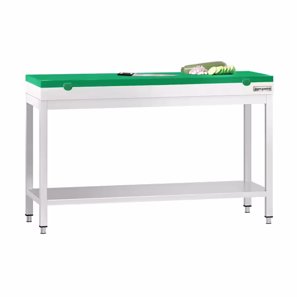 Edelstahl Arbeitstisch PREMIUM - 1400x600mm - mit Grundboden - inkl. Schneideplatte Grün