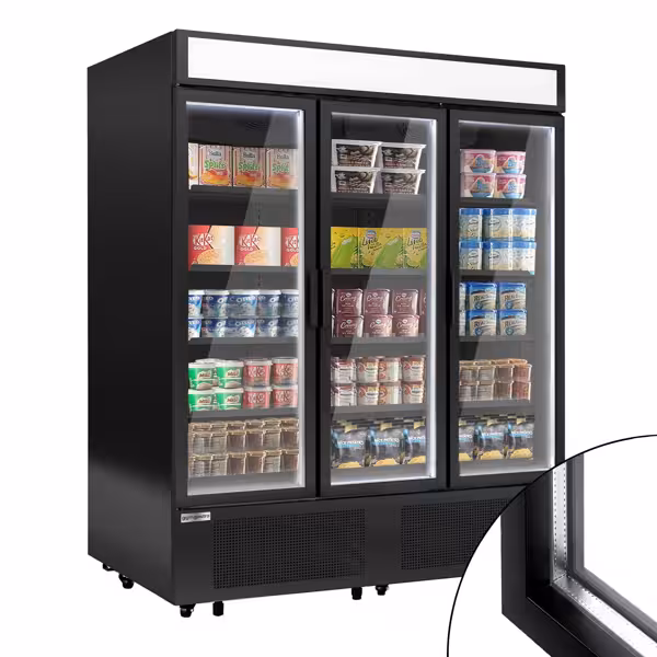Commercial multideck display freezer - 1600mm - 891L - with 3 hinged glass doors & 15 shelves - Black