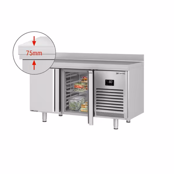 Kylbänk PREMIUM PLUS - 1468x600x950 mm - 250 l - Fläktkyla - GN 1/2 - med bakkant - 2 dörrar - R290 - energiklass A