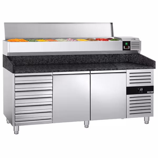 Banco pizza refrigerato PREMIUM - 2025x800mm - con 2 porte & 7 cassetti - piano in granito - con vetrina ingredienti refrigerata superiore - 9x GN 1/3