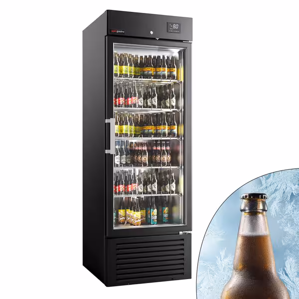 Vitrină frigorifică pentru băuturi SUPERCOOLER - 687 mm - 500 litri - control digital - interior din oțel inoxidabil - 1 ușă din sticlă batantă - temperatură -8/+0 °C - negru