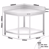 Stół roboczy narożny ze stali nierdzewnej - 1000x700mm - z dolną półką & z rantem & wzmocniony