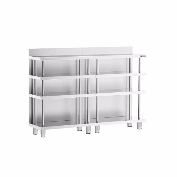 Barový pracovní stůl - nerezová ocel - 1600x400mm - se 4 policemi