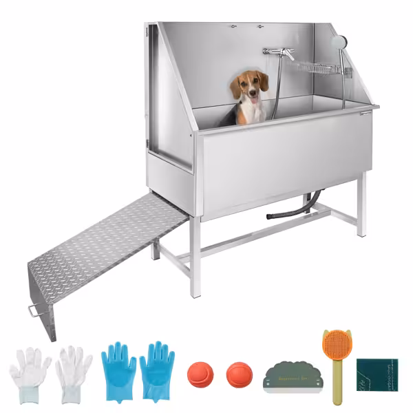 Baignoire pour chien - avec rampe, douchette de plonge & grille de sol amovible