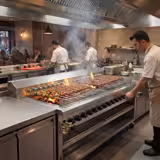 Grelhador de espetos a gás - 2000mm - para Adana e Shish kebab - Com móvel - para 30 espetos com rotação automática - 15 queimadores - 43kW