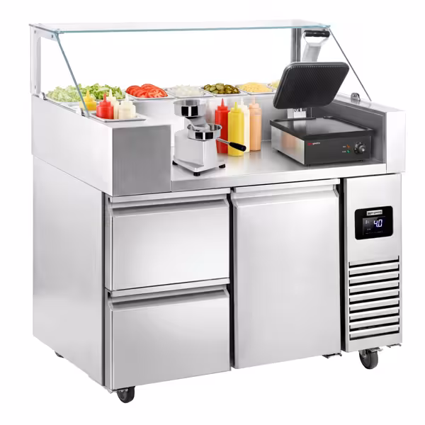 Commercial Refrigerated Prep Table – Glass Top – 1 Door – 2 Drawers – 1210 mm – for 9× GN 1/6 – Includes contact grill & Hamburger Press