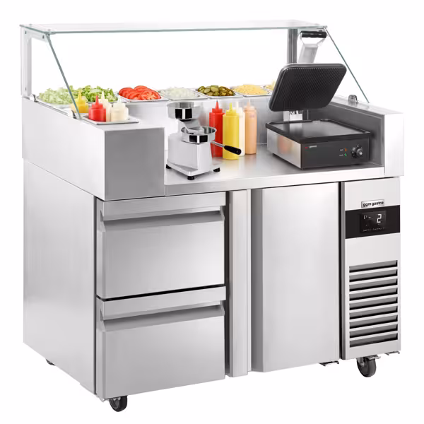 Saladette Kompakt - 1210x700 mm - glasöverdel - 1 dörr & 2 lådor - för 9x GN 1/6 - inkl. Kontaktgrill & hamburgerpress