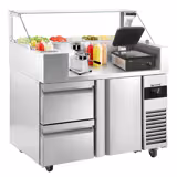 Table de préparation – 1210 mm – 1 porte & 2 tiroirs – pour 9 bacs GN 1/6 – incl. grill de contact & machine à hamburgers
