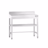Mesa de trabajo de acero inox.  PREMIUM - 0,8 m - con zócalo, estante intermedio y travesaños bajos