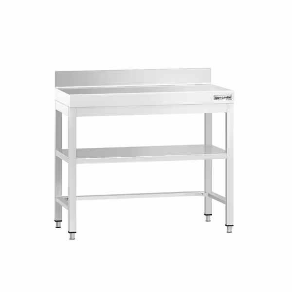 Masă de lucru din oțel inoxidabil PREMIUM – 800 x 600 mm – cu blat de bază, rebord și traversă de rigidizare