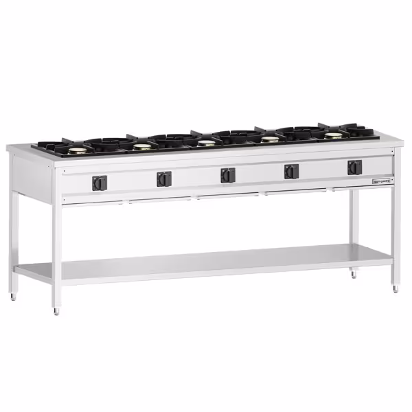 Plynový sporák - GIUSEPPE 600 - 2100x600x850 mm - 42,5 kW - 5 hořáky - samostatně stojící jednotka - otevřená spodní konstrukce