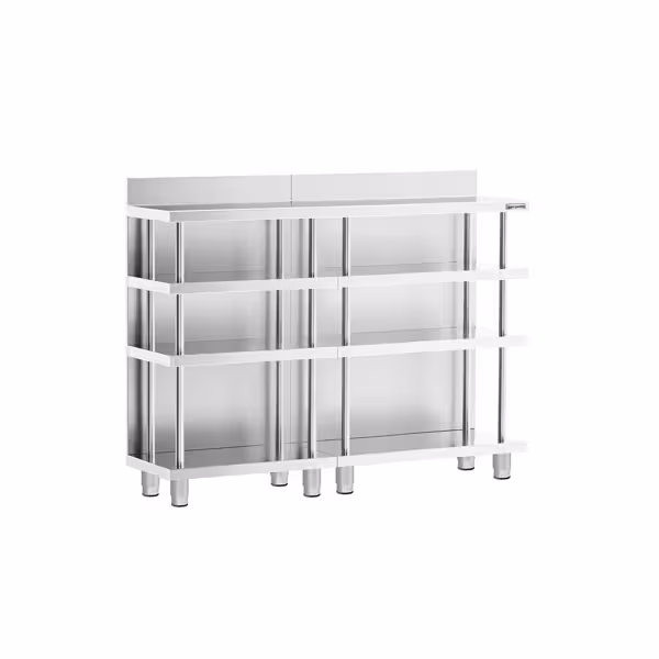 Baari-työpöytä - ruostumatonta terästä - 1400x400 mm - 4 hyllyä & ohjaustangoilla