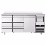 Arrière-bar réfrigéré professionnel PREMIUM - 2130 x 600 mm - avec 1 porte et 6 tiroirs - avec dosseret - avec tiroir à marc de café