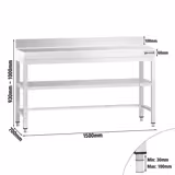 Paslanmaz Çelik Çalışma Tezgahı PREMIUM - 1500x700mm - Taban Raflı - Sırtlı - Takviyeli