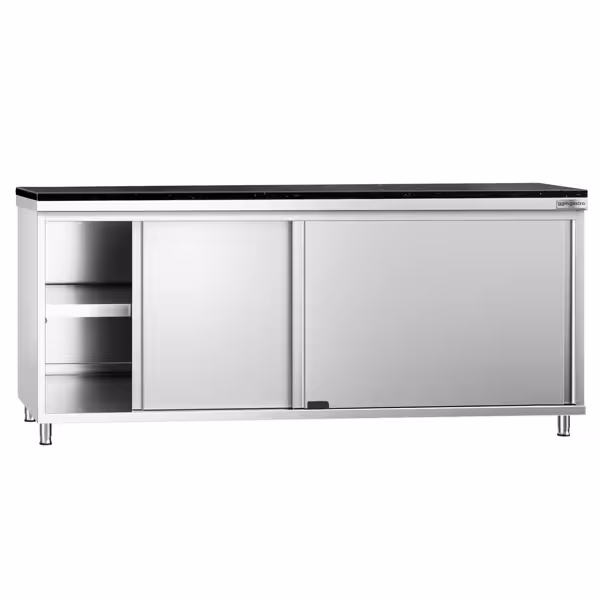 Roestvrijstalen werkkast PREMIUM - 2000 x 600 mm - met schuifdeur - incl. granieten werkblad