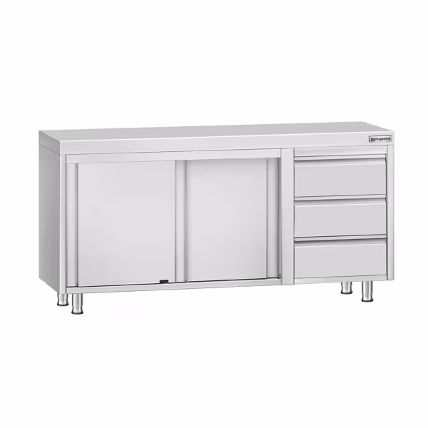 Rozsdamentes acél munkaszekrény ECO - 1600x600 mm - tolóajtós, 3 fiókos – jobb oldali fiókblokk, 2 ajtós