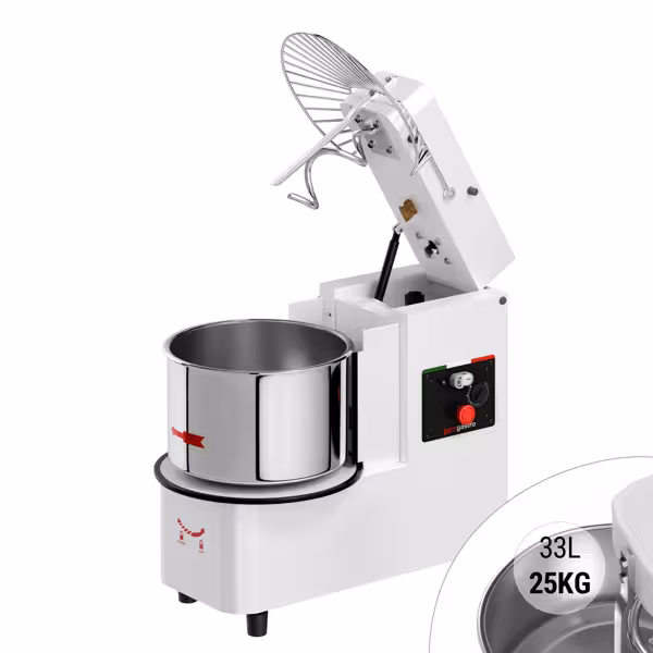 Deegkneedmachine / Spiraalkneder - 33L / 25kg deeg - 1 snelheid - kantelbare kop & uitneembare kom - met timer - 400V