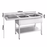 Commercial Dishwasher Sink Unit PREMIUM - 1600x700mm - Double Sink - Left Hand Drainer
