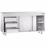 Table armoire en acier inoxydable PREMIUM - 1600x700mm - avec 3 tiroirs à gauche et portes coulissantes